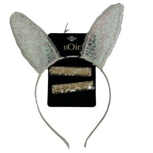 NWT Noir Rabbit Hear Headband White Silver Sequins Two Hair‎ Clips Bunny Ears
